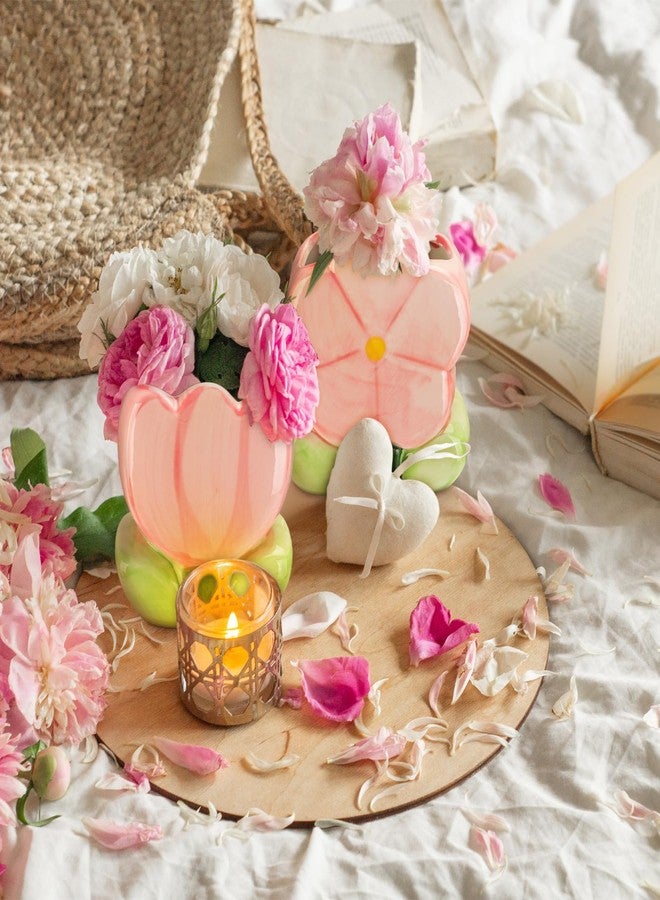Ninehaoou 2 Pcs Pink Flower Ceramic Pen Holder Cute Tulip Pencil Holder Aesthetic Flower Makeup Brush Vase Decorative Desktop Organizer Birthday Gift for Women Office Home Wedding Party Decor - Image 3